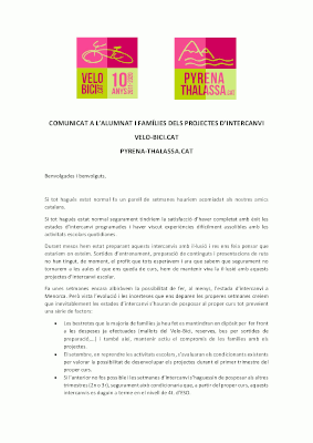 COMUNICAT ALS ALUMNES I FAMÍLIES DELS PROJECTES